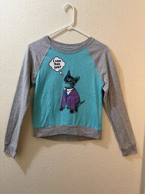 Funny Cat Graphic Cropped Sweatshirt Youth XL Teal Gray